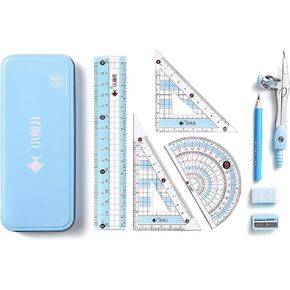 8 Pieces Math Geometry Kit Set Student Supplies with Shatterproof Iron Box Geometry Set for School, Includes Ruler, Protractor, Compass, Pencil,Pencil Sharpener and Eraser,etc in Saudi Arabia