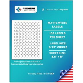 Premium Label Supply White Sticker Round Labels – 0.75" Circle – Laser/Inkjet Compatible – (108 per Sheet), 25 Sheets – 2,700 Total Adhesive Labels