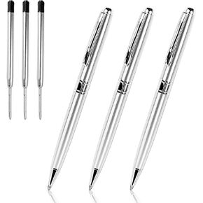 Cambond Ballpoint Pens Metal Pen - Silver Pens Black Ink Nice Pens for Gift Business Men Police Flight Attendant 1.0 mm Medium Point Office Pens, 3 Pens with 3 Refills (Silver)