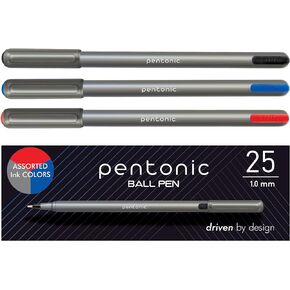 Pentonic Ballpoint Pens, 25 Count, 10 Assorted Ink Colors, 1.0 mm Medium Point, Smooth Writing For Journaling & Note Taking (PEN12127)