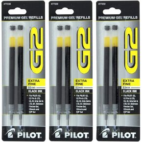 Pilot G2, Dr. Grip Gel/Ltd, ExecuGel G6, Q7 Rollerball Gel Ink Pen Refills, 0.5mm, Extra Fine Point, Black Ink, Pack of 6