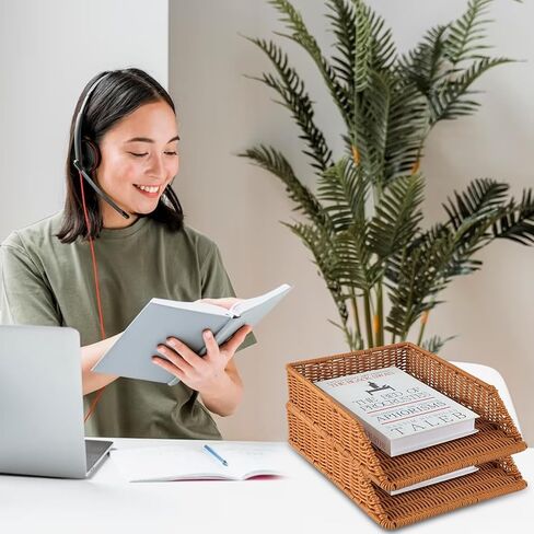 قطعتين من الروطان المكتبي، صينية ورق منظم، حامل سلة ورق الرسائل، حامل ملف صينية منظم، سلة من القش لمنظم الأوراق المكتبية والتخزين in Kuwait