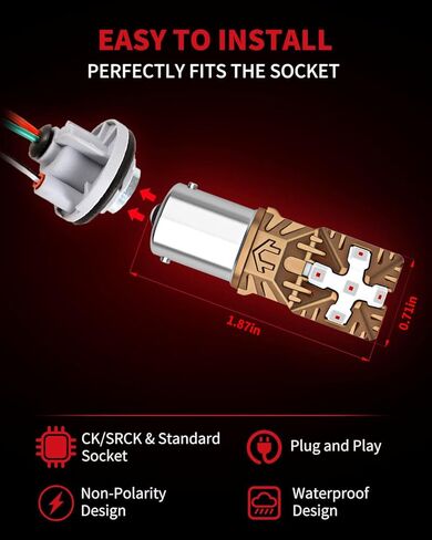 LASFIT 1156 1141 7506 BA15S P21W 1073 مصابيح LED خالية من القطبية، مصابيح LED عالية الطاقة فائقة السطوع، تستخدم للاستخدام في ضوء ذيل الفرامل، ضوء إشارة الانعطاف، أحمر لامع (حزمة من 2) in Kuwait