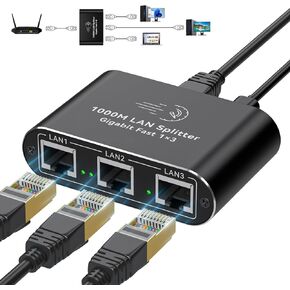 Ethernet Splitter 1 to 2 1000Mbps Internet Cable Splitter 1 in 2 Out High Speed Either Network Splitter Gigabit Dual LAN RJ45 Port Router Switch Work with Cat6/7/8 Cable