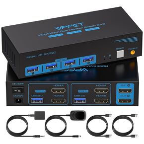 8K@60Hz Displayport KVM Switch 2 Monitors 2 Computers Display Port 4K@120Hz USB3.0 Dual Monitor KVM Switches for 2 PC Share 2 Screens and 1 Set of Keyboard Mouse Printer and U Disk with 2 USB Cables