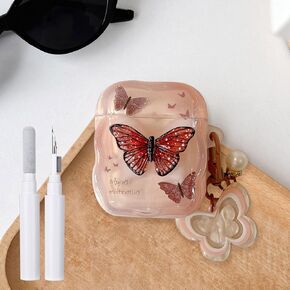 Compatible with AirPods Pro Case Soft TPU with Cleaner Kit Cute Butterfly Keychain Cover for Girls Women Airpods Pro 2nd/1st Generation-Brown Pink