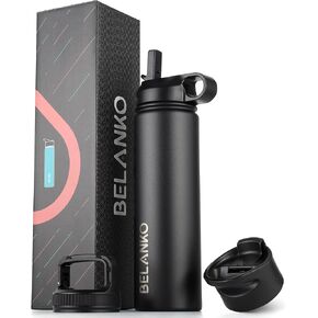 BELANKO Water Bottle, 32 Oz Insulated Stainless Steel Water Bottle with Straw and 3 Lids, Leak-Proof Double-Wall Vacuum for Cold Water Drinks, Sports, Travel, School, and Car - Polar White