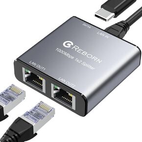Reborn Ethernet Splitter 1 to 2 High Speed 1000Mbps, RJ45 Gigabit Ethernet Cable Splitter 1 to 2, LAN Splitter with USB Power Cable for Cat 5/6/7/8 Cable [2 Devices Simultaneous Networking]