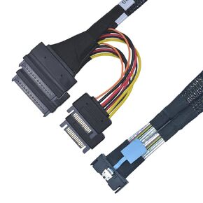 PCIe 5.0 MCIO x8 to 2 x SFF-8639 Cable for U.2 NVMe SSD with 15Pin Power, 2.1ft(65 cm)