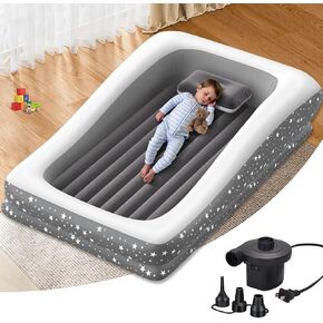 Inflatable Toddler Travel Bed: Portable & Safety - Blow Up Toddler Bed Travel with 4 Sides - Kids Air Mattress Ideal for Outdoor Camping - Easy to Inflate Deflate and Clean (Grey)