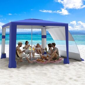 MoKo Beach Cabana, 8'×8' Large Beach Canopy with Side Wall, UPF 50+ Protection Easy Setup Beach Tent Sun Shelter, Adjustable Height Wind Resistant Cabana Beach Tent for Whole Family, Navy Stripes