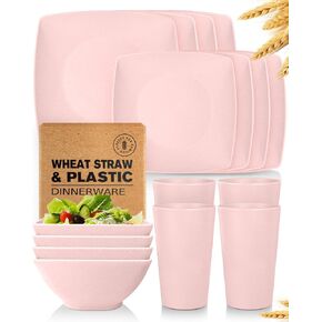 Teivio 16-piece Plastic Wheat Straw Square Dinnerware Set for 4, Unbreakable Dinner Plates, Salad Plates, Snack Bowls, Tumblers 13.5 oz, Dishwasher Safe, Black