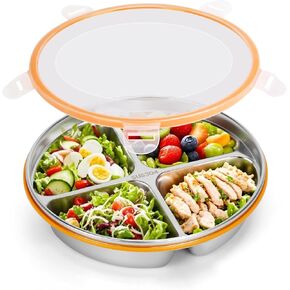 Stainless Steel Portion Control Plate with Lids, Four-Compartment Divided Plates, 9in Deep Divided Lunch Boxes with Secure Locking Plastic Lids, Reusable Camping Serving Dinner Plates