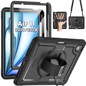 SEYMAC for Air 11 Inch Case M2 (2024), Full-Body Shockproof Protective Case with Screen Protector, 360° Rotating Stand, Hand/Shoulder Strap for iPad Air 11 2024, Light Blue/Grey