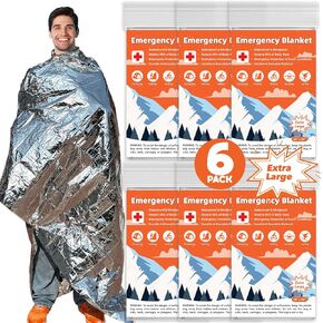 6 Pack Emergency Thermal Blanket Survival, 84" x 64" Extra Large Mylar Blankets for Outdoor, Space Blanket, Silver Foil for Survival, Survival Kit Camping Blankets, Body Warmer, Hiking