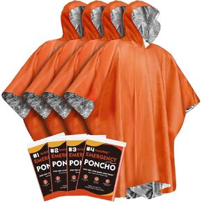 4 Pack Emergency Ponchos with Thickened Mylar Blanket Lining, Windproof, Waterproof, and Thermal Orange Survival Ponchos - Perfect for Outdoor Rescue, Family Camping Gear, Car Emergency Kits