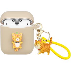 Wonhibo for Airpods Case, Cute Silicone Animal Soft Cover for Airpod 1 2 with Keychain (Khaki Bear)