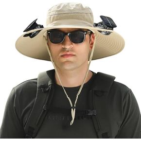 Outdoor Wide Brim Sun Hat with 2 Solar Fan Sun Bucket Hat for Men Women UPF 50+ Bucket Fishing & Beach Hat with Fan Built in