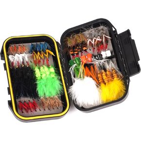 64/108pcs Fly Fishing Flies Assortment Kit for Trout Bass, Dry Wet Nymph Streamer Popper Flies with Waterproof Fly Box