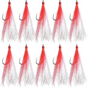 OROOTL Fishing Bucktail Teaser Hooks, 10pcs Saltwater Fishing Jigs Teaser Lures High Carbon Steel Hooks with Crystal Flash Feather Skirt for Flounder Salmon Trout Sea Bass Steelhead