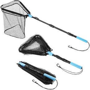 Calamus Triangle Fishing Net, Foldable, Lightweight & Strong Landing Net with Non-Slip Elastomer Handle, Built-in Elastic Lanyard and Belt Clip, Two Nets Options