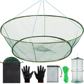 Aodaer 6 Pieces Foldable Drop Net Fishing Net Trap with Fish Keeping Net Bait Bag Rope Gloves Hand Casting Cage Crab Net Fishing Mesh Trap for Minnows, Crab, Lobsters, Fishes