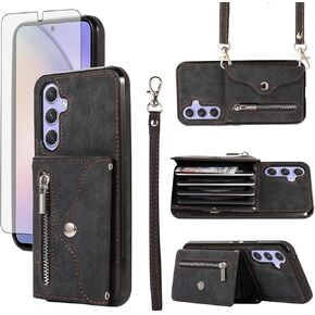 علبة الهاتف لـ Samsung Galaxy A25 5G Wallet Wallet وحامي الشاشة الزجاجي المقسّر مع معصم Crossbody Strap Lanyard Card Card Accessories Cell Cell Accessories A 25 25A Women Men Men in Kuwait