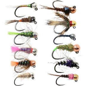 12 Barbless Euro Nymphing Trout Fly Flying Flies - تشكيلة ذبابة الحوريات الأوروبية مع حبات التنغستن - بيرديغونز ، وحوريات باربليس