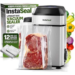 InstaSeal Food Vacuum Sealer Machine with 12 Bags, Compact Upright Food Sealer Vacuum Sealer for Food Allows to Seal Liquids, Marinades, Vegetables, Meats and More, Saver Keeps Food Fresher Longer