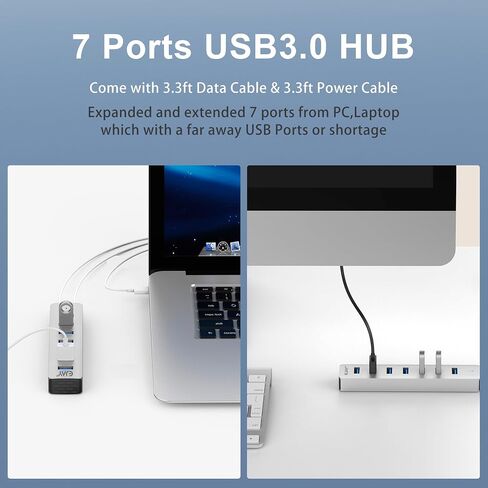 4 Ports USB3.0 HUB ، منفذ تزويد الطاقة الإضافي ، كابل بيانات طويل 3.3 قدم (1M) وكابل طاقة طويل 3.3 قدم (1M) ، الألومنيوم 5 جيجابت في الثانية عالي السرعة USB ، محور موسع المنفذ متعدد المنافذ للكمبيوتر الشخصي ، الكمبيوتر المحمول ، MAC ، إلخ (HA-4U) in Kuwait