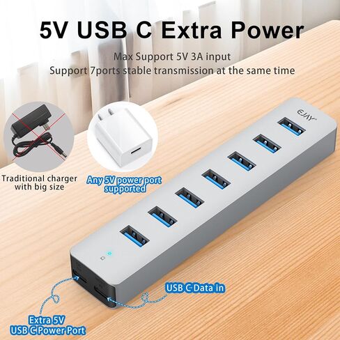 4 Ports USB3.0 HUB ، منفذ تزويد الطاقة الإضافي ، كابل بيانات طويل 3.3 قدم (1M) وكابل طاقة طويل 3.3 قدم (1M) ، الألومنيوم 5 جيجابت في الثانية عالي السرعة USB ، محور موسع المنفذ متعدد المنافذ للكمبيوتر الشخصي ، الكمبيوتر المحمول ، MAC ، إلخ (HA-4U) in Kuwait