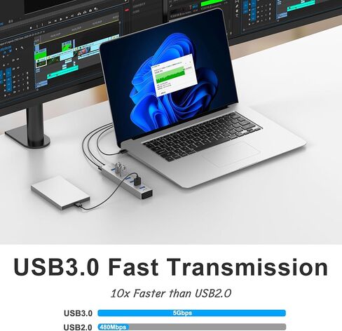 4 Ports USB3.0 HUB ، منفذ تزويد الطاقة الإضافي ، كابل بيانات طويل 3.3 قدم (1M) وكابل طاقة طويل 3.3 قدم (1M) ، الألومنيوم 5 جيجابت في الثانية عالي السرعة USB ، محور موسع المنفذ متعدد المنافذ للكمبيوتر الشخصي ، الكمبيوتر المحمول ، MAC ، إلخ (HA-4U) in Kuwait