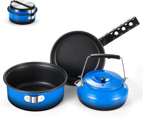 Odoland 5pcs Camping Cookware Poting Non-Dock Camping Pot و Pan مع غلاية ومقبض قابل للإزالة لحقائب المشي لمسافات طويلة والنزهة in Kuwait
