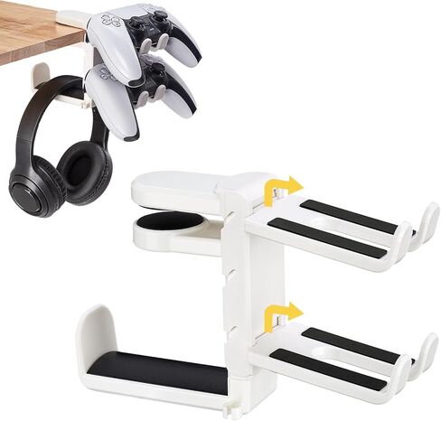 3 in 1 Under Desk Headphone Hanger with Adjustable Clamp Mount, 2 Controller Slots & 1 Headset Universal Holder Stand, Rotatable Hook Rack & Cable Organizer, for Home Gaming Xbox ps5 - Black in Saudi Arabia
