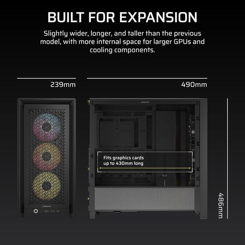 Corsair 4000d RS Argb Frame Modular Mid-Fower Atx PC Case-تدفق الهواء العالي ، 3x معجبين RS ArgB ، نظام تثبيت معجبين Infinirail ™ ، ASUS BTF ، MSI Project Zero ، Gigabyte Project Stealth-Black in Kuwait