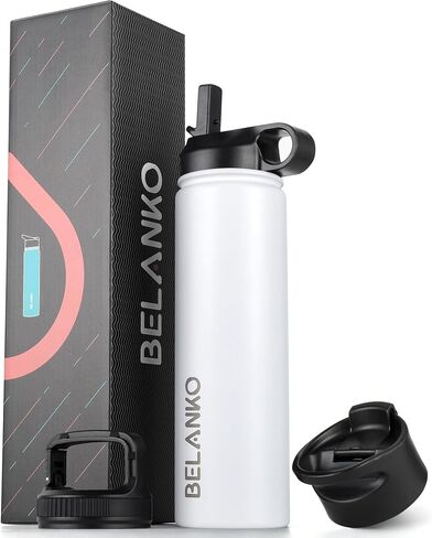 BELANKO Water Bottle, 32 Oz Insulated Stainless Steel Water Bottle with Straw and 3 Lids, Leak-Proof Double-Wall Vacuum for Cold Water Drinks, Sports, Travel, School, and Car - Polar White in Saudi Arabia