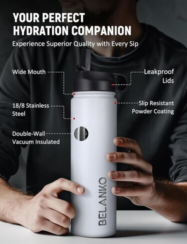 BELANKO Water Bottle, 32 Oz Insulated Stainless Steel Water Bottle with Straw and 3 Lids, Leak-Proof Double-Wall Vacuum for Cold Water Drinks, Sports, Travel, School, and Car - Polar White in Saudi Arabia