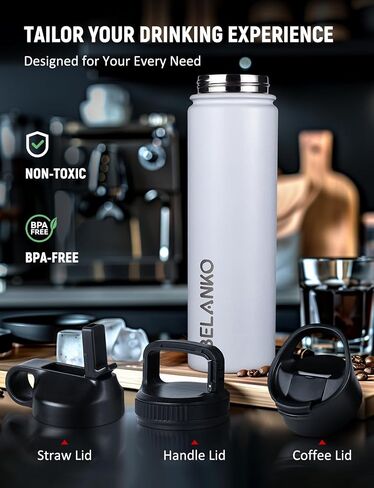BELANKO Water Bottle, 32 Oz Insulated Stainless Steel Water Bottle with Straw and 3 Lids, Leak-Proof Double-Wall Vacuum for Cold Water Drinks, Sports, Travel, School, and Car - Polar White in Saudi Arabia