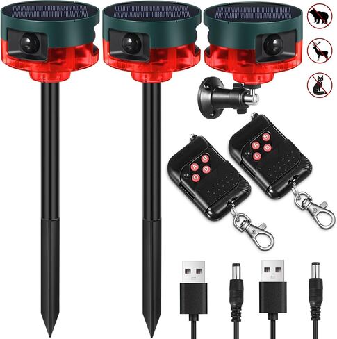 Qualirey 2 Pack Solar Outdoor Motion Sensor Alarm Motion Sensor Animal Deterrent Gunshot Sound Dog Barking Alarm for Home Security Support Recording 13 Kinds of Sound Strobe Light with USB for Yard in Kuwait