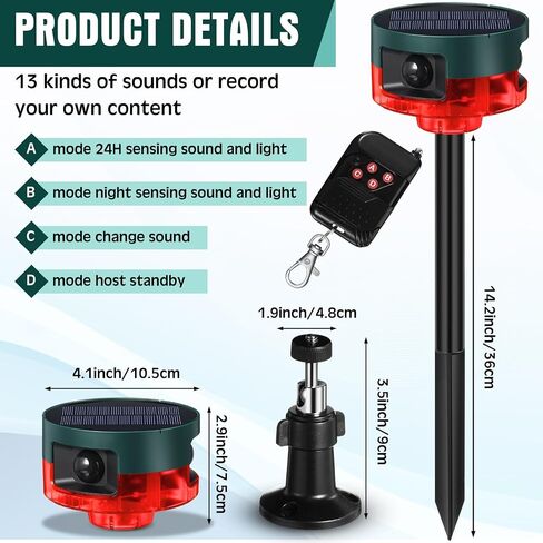 Qualirey 2 Pack Solar Outdoor Motion Sensor Alarm Motion Sensor Animal Deterrent Gunshot Sound Dog Barking Alarm for Home Security Support Recording 13 Kinds of Sound Strobe Light with USB for Yard in Kuwait