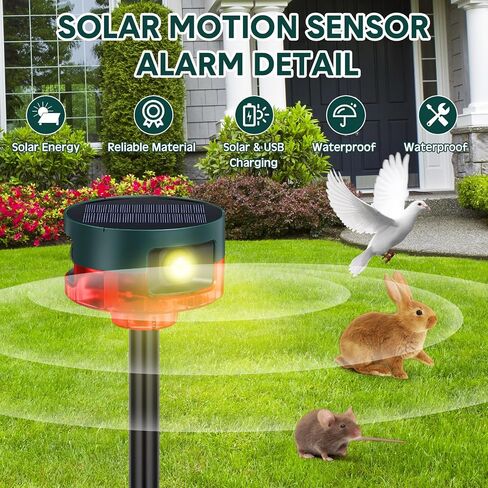 Qualirey 2 Pack Solar Outdoor Motion Sensor Alarm Motion Sensor Animal Deterrent Gunshot Sound Dog Barking Alarm for Home Security Support Recording 13 Kinds of Sound Strobe Light with USB for Yard in Kuwait