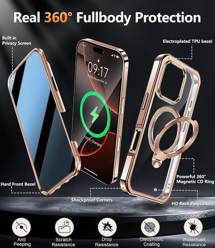[360° Rotatable CD Stand & Built-in Privacy Screen Magnetic Case for iPhone 16 Pro Max [Compatible with MagSafe & Full Signal] Shockproof Full Body Anti-Spy Cover for 16 Pro Max-Desert Gold in Saudi Arabia