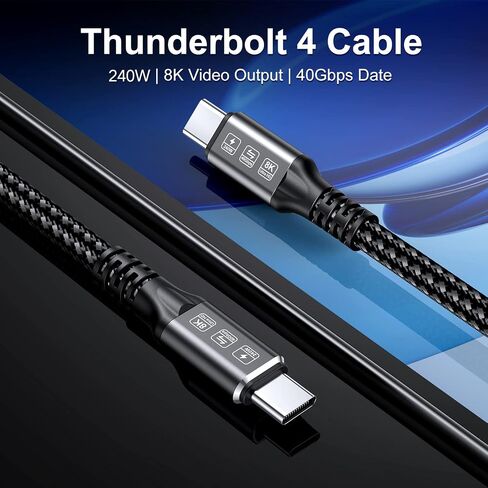 240W Thunderbolt 4 Cable 6.6ft USB C Thunderbolt 4 Cable Monitor Cable Supports 40Gbps Data Transfer and Single 8K/Dual 4K Video Compatible With Thunderbolt 4/3 Monitor, Hub, Docking Stations-Black in Saudi Arabia