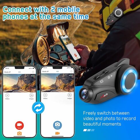 MAXTO Motorcycle Bluetooth Headset with Camera 1080P HD, M3 Upgraded 360°Adjustable Clip, 6 Riders 3280Ft Motorcycle Communication Systems Group Intercoms, WiFi Transit/FM funtion, IP65 (M3+Remote) in Saudi Arabia