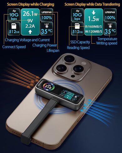 Magnetic Portable iPhone SSD for ProRes 4K 60fps Video Recording, 1TB External Super Storage for iPhone 15/16 Pro/Pro Max,iMac/MacBook, LCD Display, USB-C PD 3.0 Port, Built-in Cooling Fan in Saudi Arabia