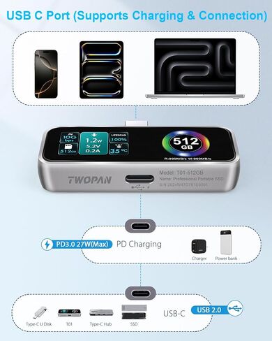 Magnetic Portable iPhone SSD for ProRes 4K 60fps Video Recording, 1TB External Super Storage for iPhone 15/16 Pro/Pro Max,iMac/MacBook, LCD Display, USB-C PD 3.0 Port, Built-in Cooling Fan in Saudi Arabia