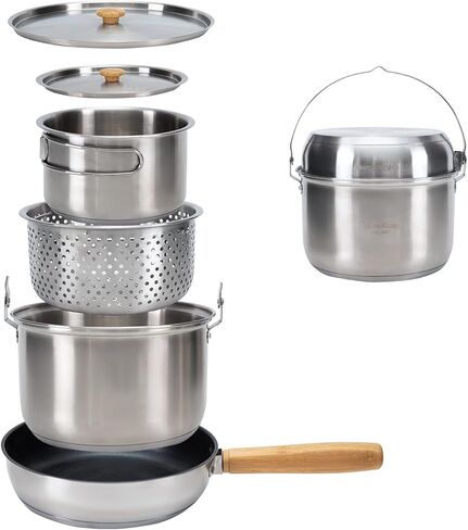 KingCamp Camping Cookware Set 304 Stainless Steel Campfire Cooking Pots Pan and Kettle with Travel Tote Bag for Camping Outdoor Kitchen Cooking Picnic for 4-6 in Kuwait