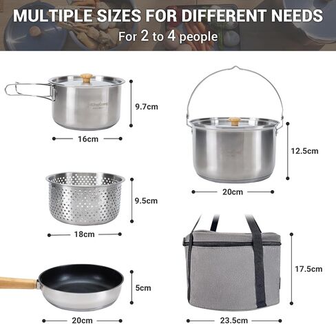 KingCamp Camping Cookware Set 304 Stainless Steel Campfire Cooking Pots Pan and Kettle with Travel Tote Bag for Camping Outdoor Kitchen Cooking Picnic for 4-6 in Kuwait