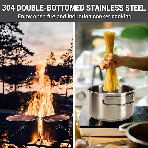 KingCamp Camping Cookware Set 304 Stainless Steel Campfire Cooking Pots Pan and Kettle with Travel Tote Bag for Camping Outdoor Kitchen Cooking Picnic for 4-6 in Kuwait