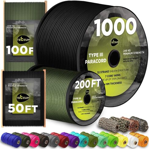 Teceum 5/32 "Paracord Rope 1000 - 1000ft / 200ft / 100ft / 50ft - Tactical Parachute Cord 4mm - 45+ Color in Kuwait